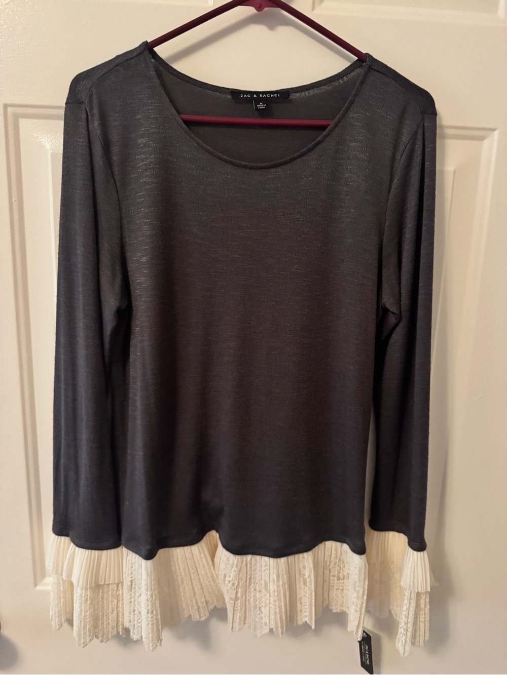 Zac & Rachel Charcoal Gray Knit Top with Cream Lace Pleated Hem